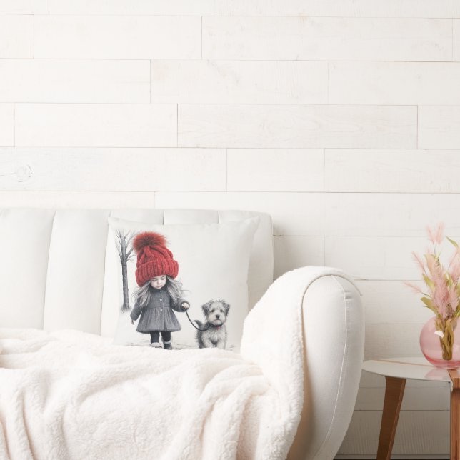 Girl Wearing 3D Knit Hat With Dog Cushion (Couch)