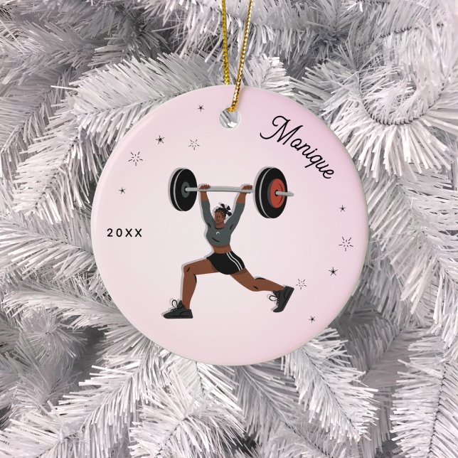 Girl Weightlifting Working Out Name & Year Pink Ceramic Tree Decoration (Creator Uploaded)