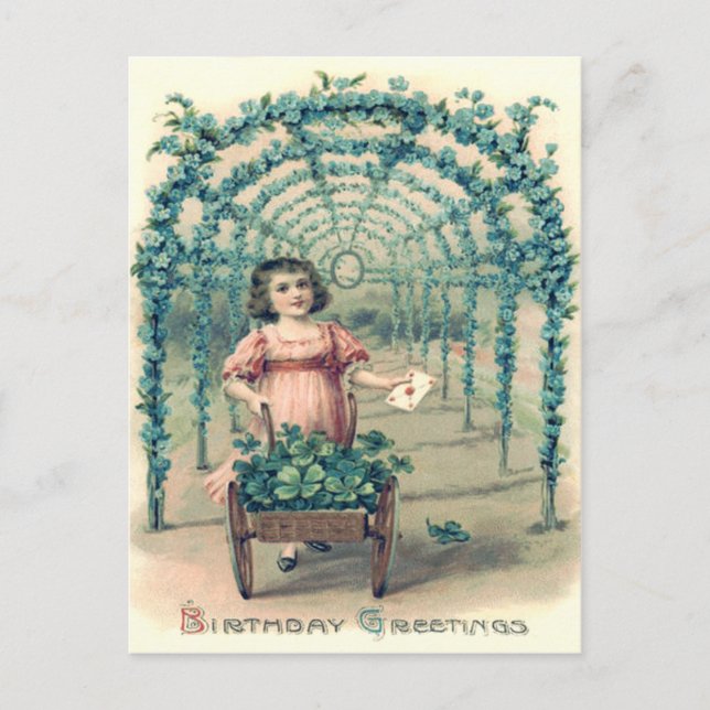 Girl Wheelbarrow Four Leaf Clover Forget-Me-Not Postcard (Front)