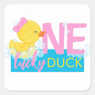 Girl White One Lucky Duck 1st Birthday Party Square Sticker