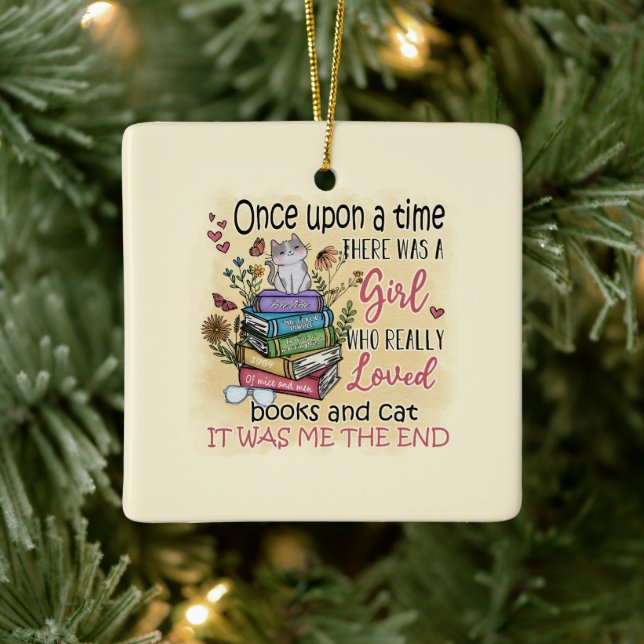 Girl Who Loves Books and Cats Ceramic Ornament (Tree)
