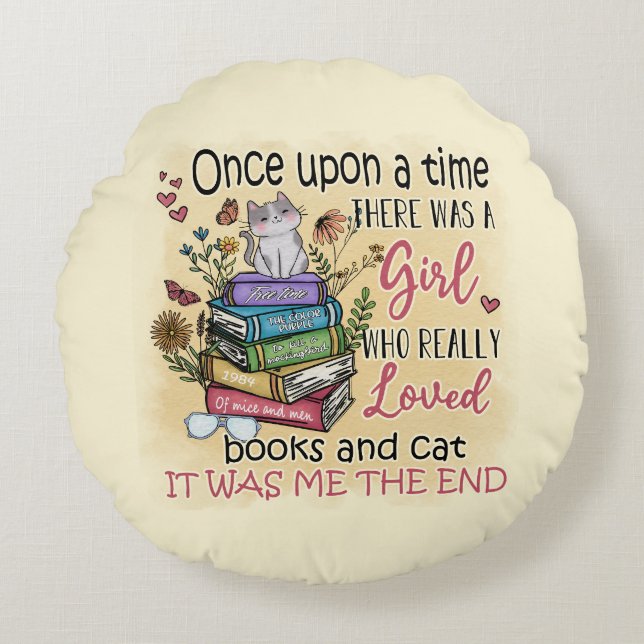 Girl Who Loves Books and Cats Round Cushion (Front)