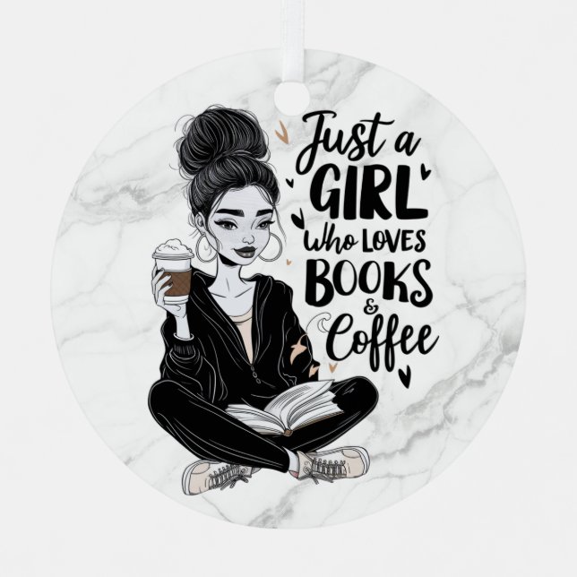 Girl Who Loves Books & Coffee Custom Black & White Metal Tree Decoration (Front)