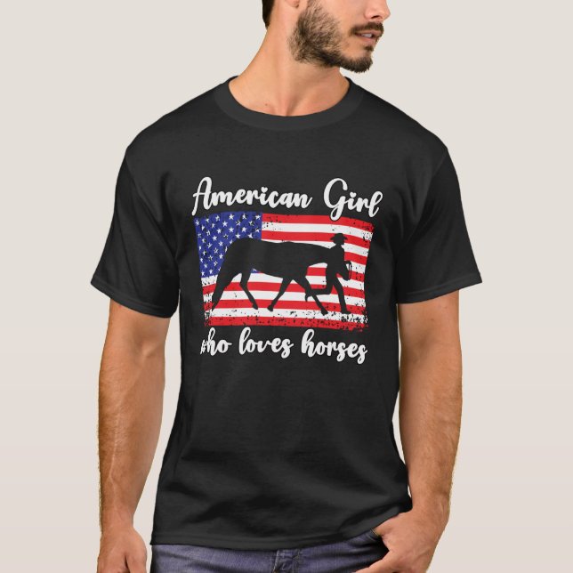 Girl Who Loves Horses Proud American Usa Flag  2 T-Shirt (Front)