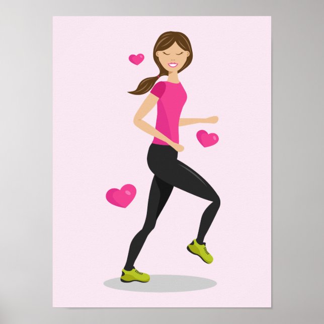 Girl Who Loves To Run Illustration And Pink Hearts Poster (Front)