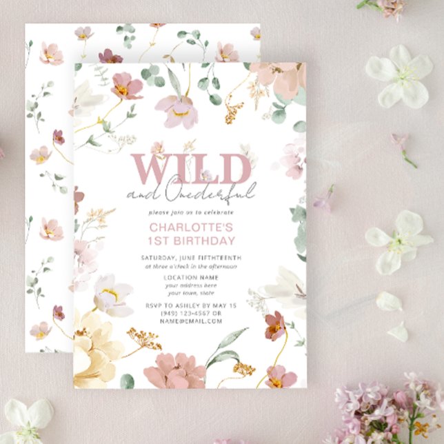 Girl Wild and Onederful Wildflower First Birthday Invitation (Easily personalize this pretty 1st Birthday Invitation with your unique details for a sweet party)