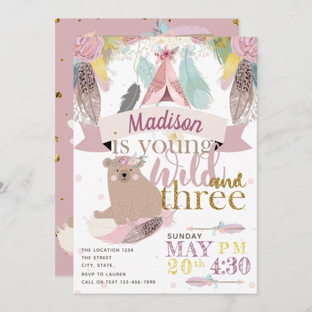 Girl Wild Boho Third Birthday Invitation (Front/Back)