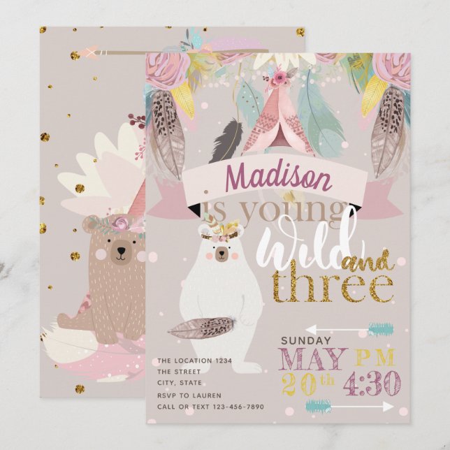 Girl Wild Boho Third Birthday Invitation (Front/Back)