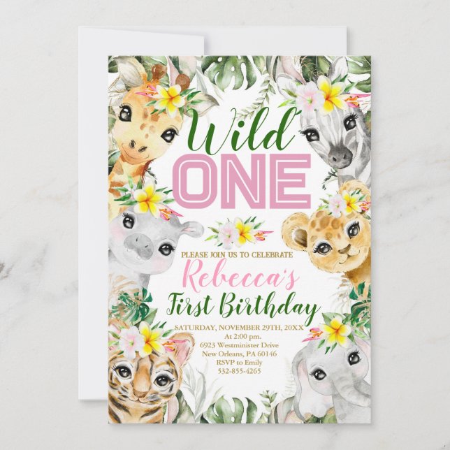 Girl Wild One Birthday Jungle Animals 1st Birthday Invitation (Front)