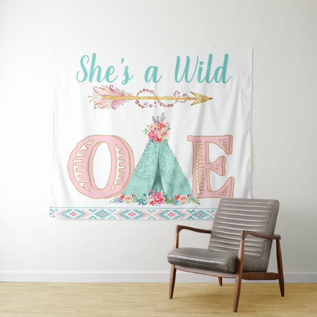 Girl Wild One Birthday Party Backdrop Banner Tapestry (In Situ (Horizontal))