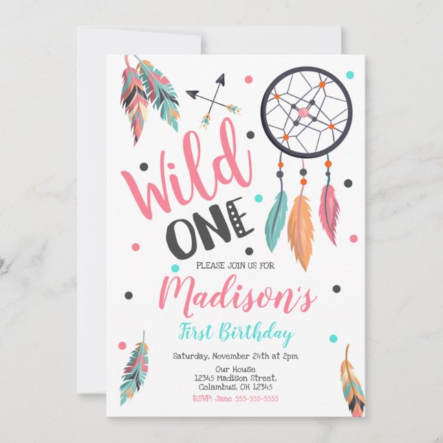 Girl Wild One Dreamcatcher 1st Birthday Invitation (Front)