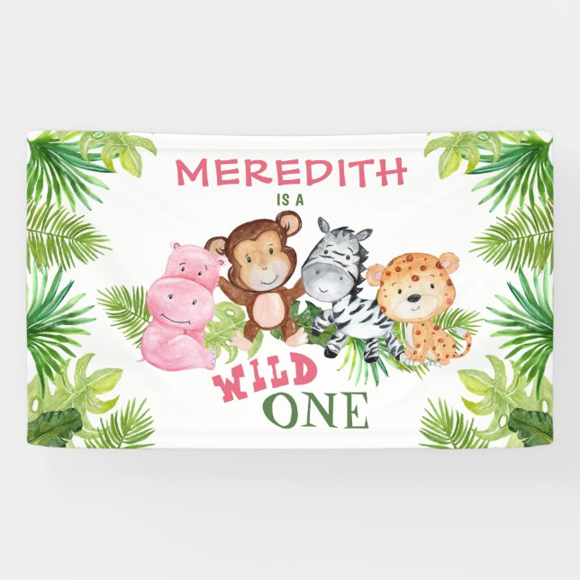 Girl Wild One Jungle Safari 1st First Birthday Banner (Horizontal)