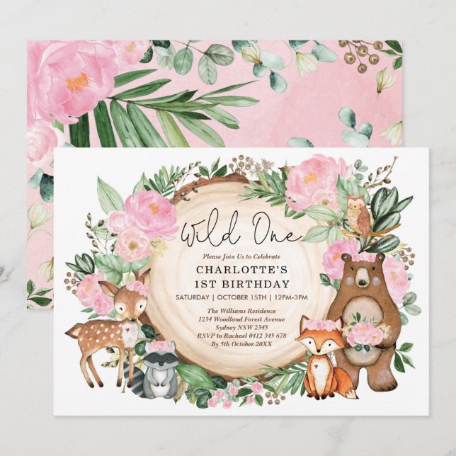 Girl Wild One Pink Floral Woodland 1st Birthday Invitation (Front/Back)