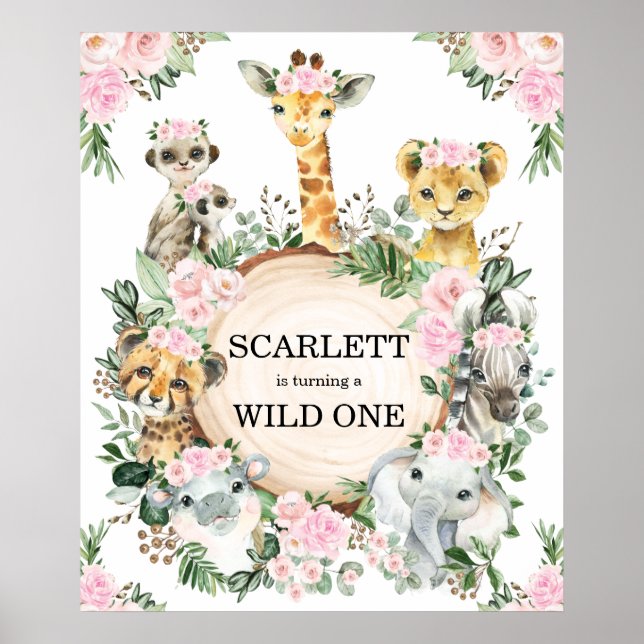 Girl Wild One Safari Animals Jungle 1st Birthday Poster (Front)