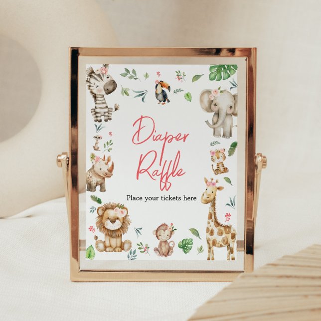 Girl Wild One Safari Baby Shower Diaper Raffle Poster (Floral Wild One Safari Animals Baby Shower Diaper Raffle Sign)
