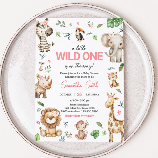 Girl Wild One Safari Baby Shower Invitation (Floral Wild One Safari Animals Baby Shower Invitation)