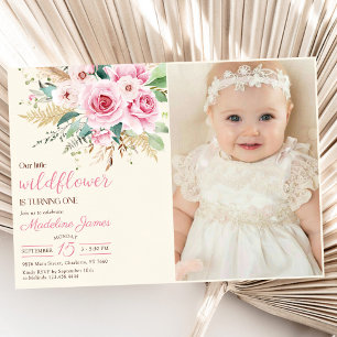 Girl Wildflower 1st Birthday Party Photo Invitation