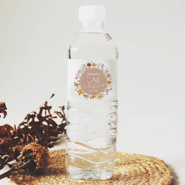 Girl Wildflower Onederful 1st Birthday Party Water Bottle Label (Creator Uploaded)