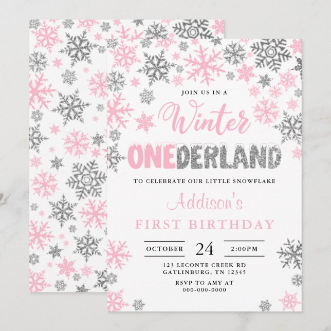 Girl Winter Onederland First Birthday Invitation (Front/Back)
