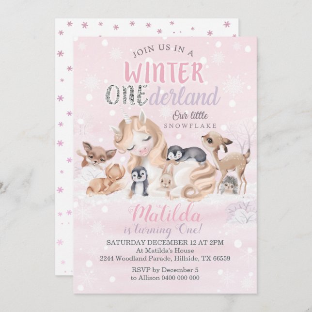 Girl Winter Onederland Invitation Snowflakes (Front/Back)
