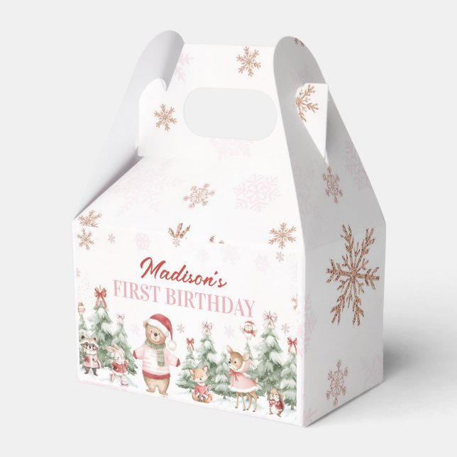 Girl Winter Onederland Woodland Animals Birthday Favour Box (Front Side)