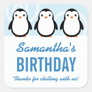 Girl Winter Penguin Birthday Party Favour Square Sticker