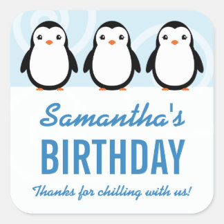 Girl Winter Penguin Birthday Party Favour Square Sticker