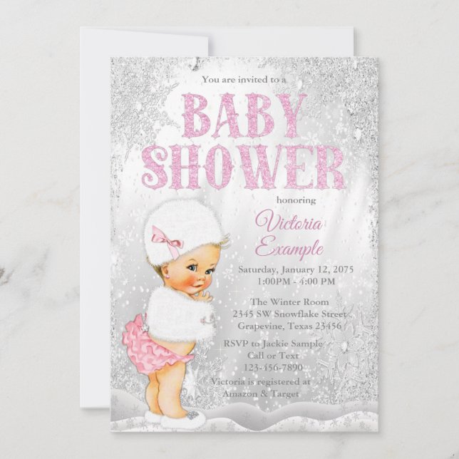 Girl Winter Wonderland Baby Shower Pink Snowflake Invitation (Front)