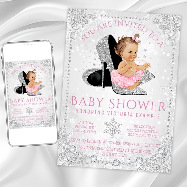 Girl Winter Wonderland Pink Snowflake Baby Shower Invitation (Snowflake high heel shoe baby winter shower invitation. Download and printed invitations available.)