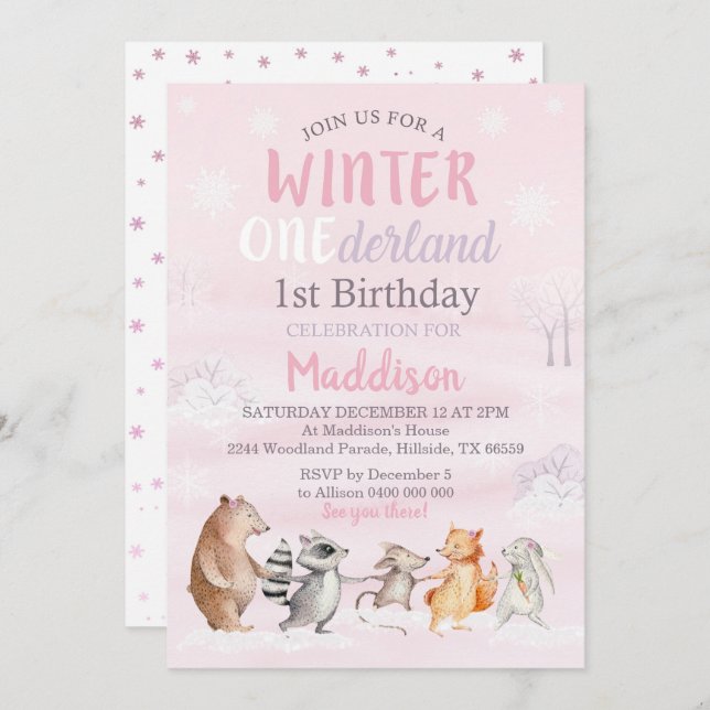 Girl Winter Woodland 1st Birthday Invitation (Front/Back)