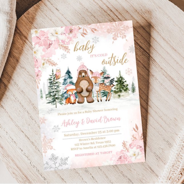 Girl Winter Woodland Baby Shower  Invitation (Pink Baby It's Cold Outside Woodland Baby Shower)
