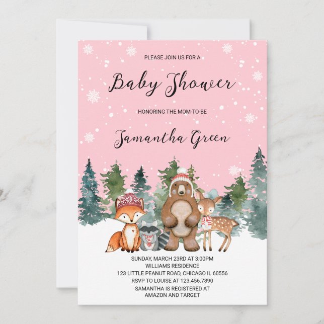 Girl Winter Woodland Baby Shower Invitation (Front)