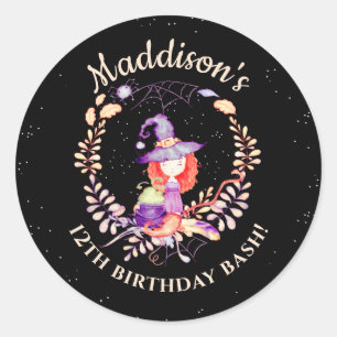 Girl Witch Birthday Watercolor Classic Round Sticker