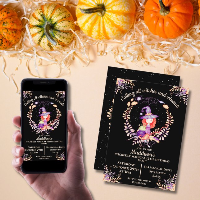 Girl Witch Birthday Watercolor Invitation (Creator Uploaded)