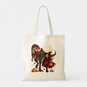 Girl Witch & Concavenator Halloween Trick-or-Treat Tote Bag