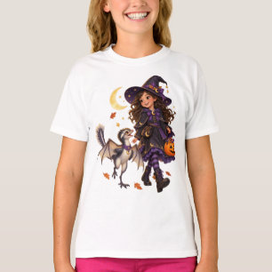 Girl Witch & Yi qi Dinosaur Halloween T-Shirt