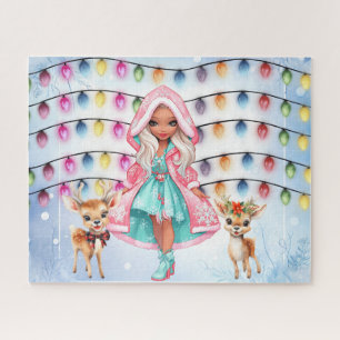 girl with 2 little deer's and Christmas lights Jigsaw Puzzle