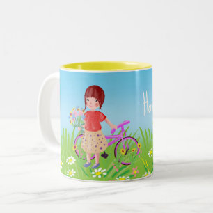 Girl with a bicycle in a blooming meadow Two-Tone coffee mug