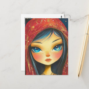 Girl With a Blue Eyes and Hair Wearing Red Postcard