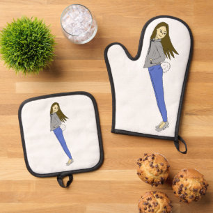 girl with a bunny tail oven mitt & pot holder set
