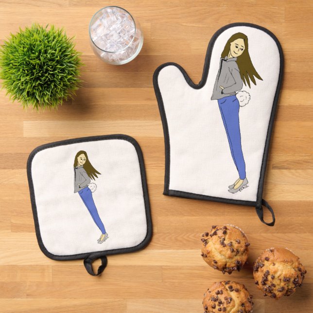 girl with a bunny tail    oven mitt & pot holder set (Top Down)