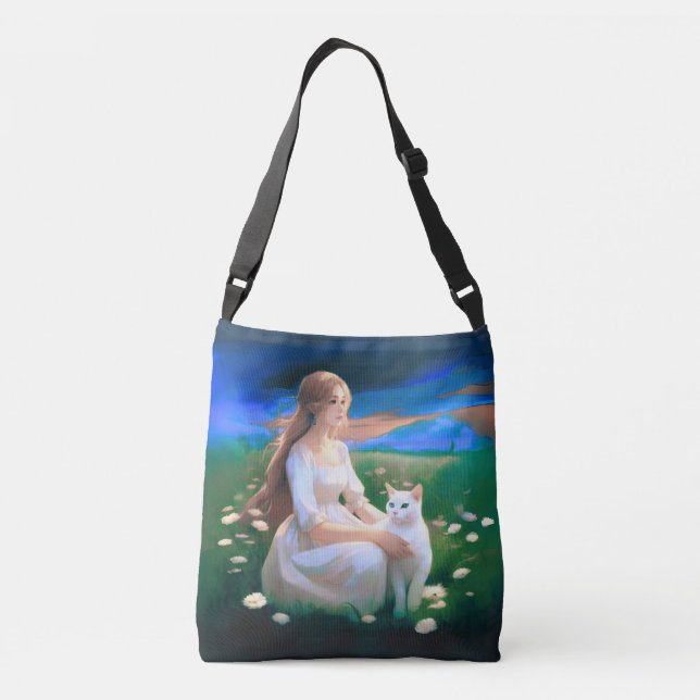 Girl with a Cat in a Meadow at Twilight  Crossbody Bag (Back)