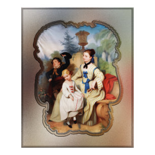 Girl With A Fan And Two Children In Elegant Dress Photo Print