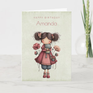 Girl with A Frog Doll Cute Whimsical Birthday Card