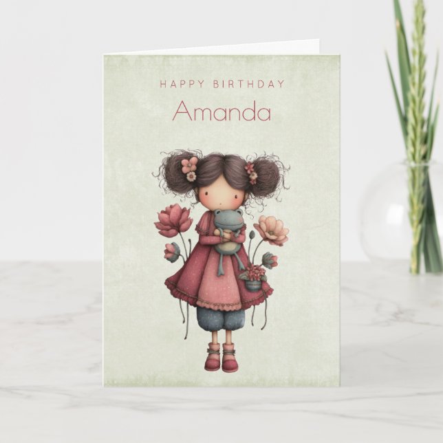 Girl with A Frog Doll Cute Whimsical Birthday Card (Front)