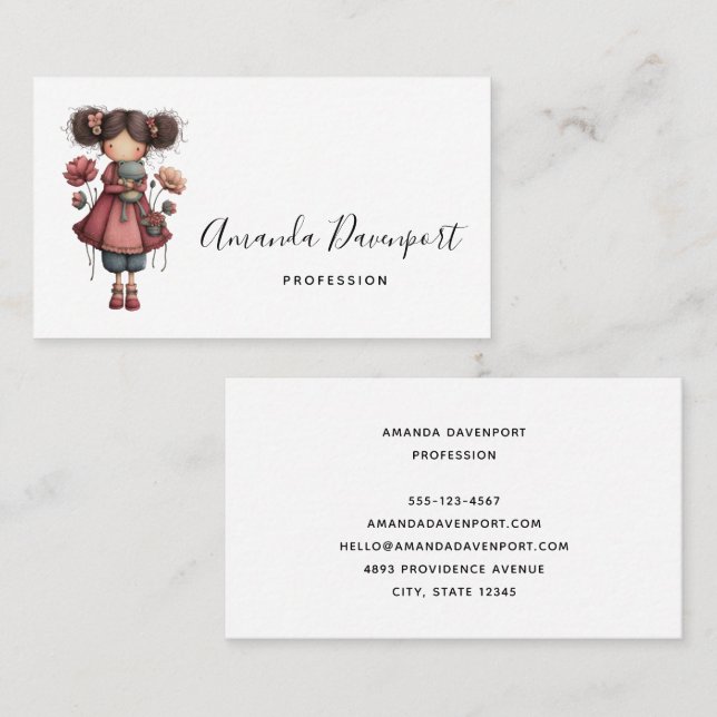 Girl with A Frog Doll Cute Whimsical Business Card (Front/Back)