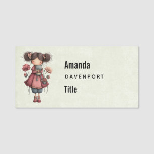Girl with A Frog Doll Cute Whimsical Business Name Tag