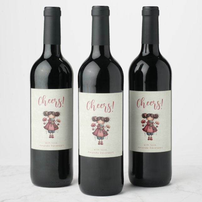 Girl with A Frog Doll Cute Whimsical Cheers Wine Label (Bottles)
