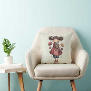 Girl with A Frog Doll Cute Whimsical Cushion