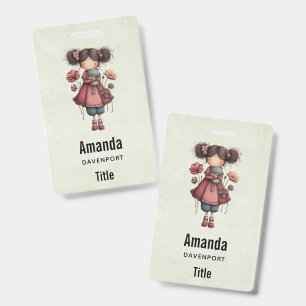 Girl with A Frog Doll Cute Whimsical ID Badge